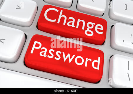 3D illustration of computer keyboard with the print 'Change Password' on two adjacent red buttons