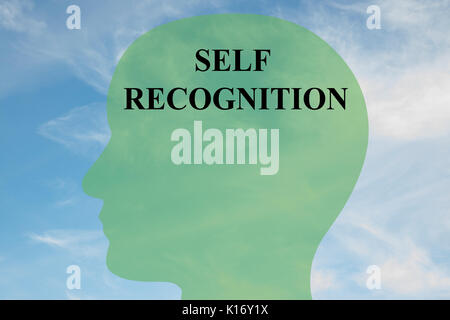Render illustration of 'SELF RECOGNITION' script on head silhouette, with cloudy sky as a background. Stock Photo