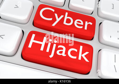 3D illustration of computer keyboard with the print 'Cyber Hijack' on two adjacent red buttons Stock Photo