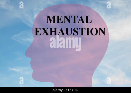 Render illustration of 'MENTAL EXHAUSTION' title on head silhouette, with cloudy sky as a background. Stock Photo