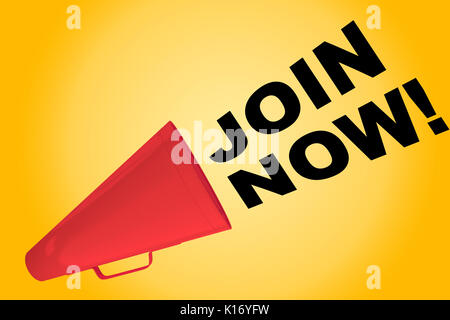 3D illustration of 'JOIN NOW!' title flowing from a loudspeaker Stock Photo