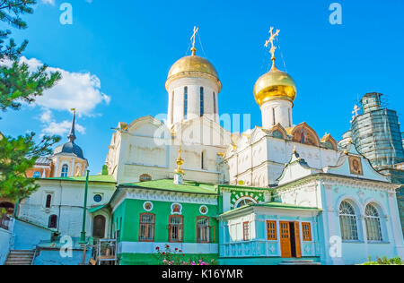 The Trinity Cathedral of St Sergius Lavra with the Nikon's Chapel on the foreground, Sergiyev Posad, Russia. Stock Photo