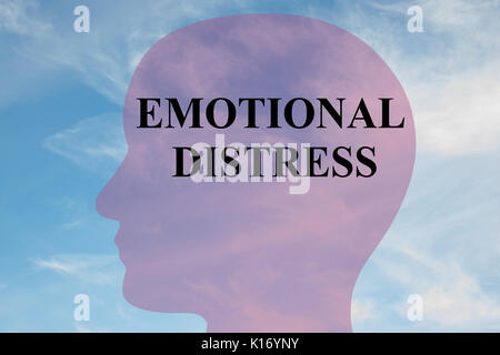 Render illustration of 'EMOTIONAL DISTRESS' title on head silhouette, with cloudy sky as a background. Stock Photo