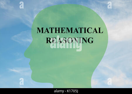 Render illustration of 'MATHEMATICAL REASONING' script on head silhouette, with cloudy sky as a background. Stock Photo