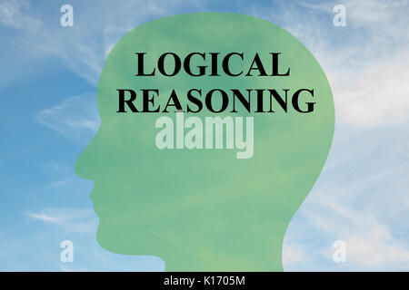 Render illustration of 'LOGICAL REASONING' script on head silhouette, with cloudy sky as a background. Stock Photo