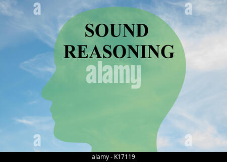 Render illustration of 'SOUND REASONING' script on head silhouette, with cloudy sky as a background. Stock Photo