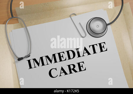 3D illustration of 'IMMEDIATE CARE' title on medical document Stock Photo