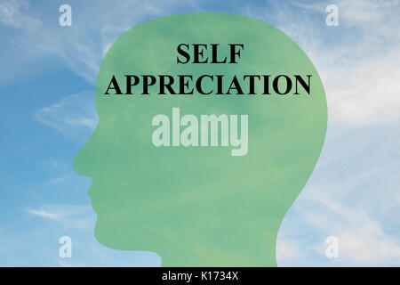 Render illustration of 'SELF APPRECIATION' script on head silhouette, with cloudy sky as a background. Stock Photo