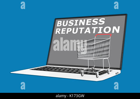 3D illustration of 'BUSINESS REPUTATION' script with a supermarket cart placed on the keyboard Stock Photo