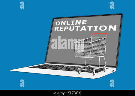 3D illustration of 'ONLINE REPUTATION' script with a supermarket cart placed on the keyboard Stock Photo