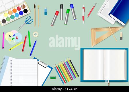 School supplies are lying on the green background. Free place for your text is in the middle of the vector. Stock Vector