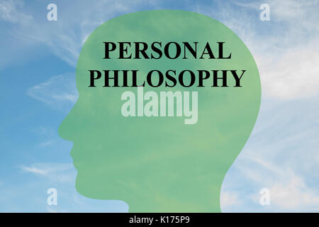 Render illustration of 'PERSONAL PHILOSOPHY' script on head silhouette, with cloudy sky as a background. Stock Photo