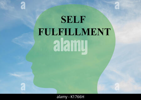 Render illustration of 'SELF FULFILLMENT' script on head silhouette, with cloudy sky as a background. Human personality concept. Stock Photo