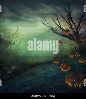 Halloween design - graveyard pumpkins. Horror background with autumn valley with woods, spooky tree and evil pumpkins. Space for your Halloween holida Stock Photo