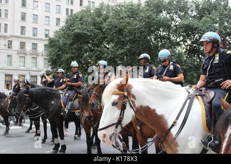 Mounted police controlling anti-Trump demonstration in New York after Charlottesville, August 2017 Stock Photo