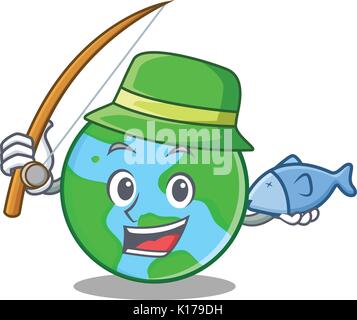 Fishing world globe character cartoon Stock Vector