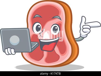 With laptop meat character cartoon food Stock Vector