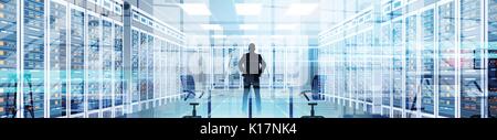 Silhouette Man In Data Center Room Hosting Server Computer Information Database Stock Vector
