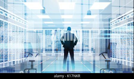Silhouette Man In Data Center Room Hosting Server Computer Information Database Stock Vector