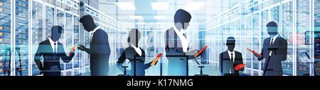 Silhouette People Working In Data Center Room Hosting Server Computer Information Database Stock Vector