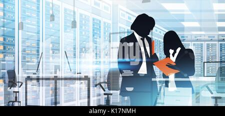 Silhouette People Working In Data Center Room Hosting Server Computer Information Database Stock Vector