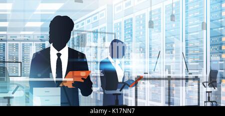 Silhouette People Working In Data Center Room Hosting Server Computer Information Database Stock Vector