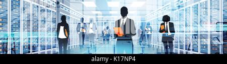 Silhouette People Working In Data Center Room Hosting Server Computer Information Database Stock Vector