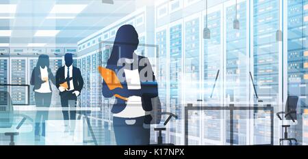 Silhouette People Working In Data Center Room Hosting Server Computer Information Database Stock Vector