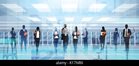 Silhouette People Working In Data Center Room Hosting Server Computer Information Database Stock Vector