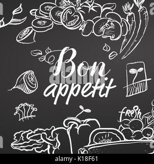 Bon Appetit Chalk Sketch on Blackboard, Black and white. Hand drawn illustration. Black and White, lettering Stock Vector