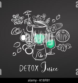 Detox Juice. Vegetables and Mixer. Chalk on Blackboard.  Hand drawn vegetarian, healthy food and lettering. Black, Green and White. Stock Vector