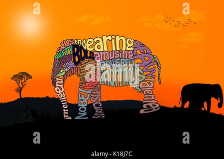 Beautiful elephant made from words on a safari background. Stock Photo