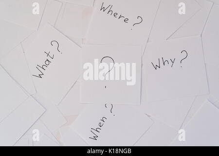White square sheets of paper with questions spread out in chaotic order on a yellow background. Main questions. Stock Photo