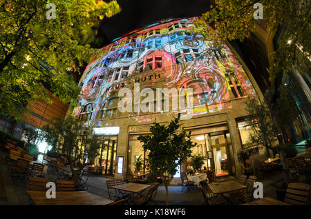 Light projection on Haus Huth, Potsdamer Platz, Berlin, Germany Stock Photo