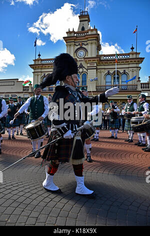 Pipe and drum bands performing  at the Celtic festival and street parade at Glen Innes in New England, New South Wales NSW, Australia Stock Photo