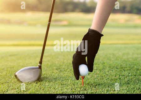 Hand placing a tee with golf ball. Hand hold golf ball with tee on course, close-up Stock Photo