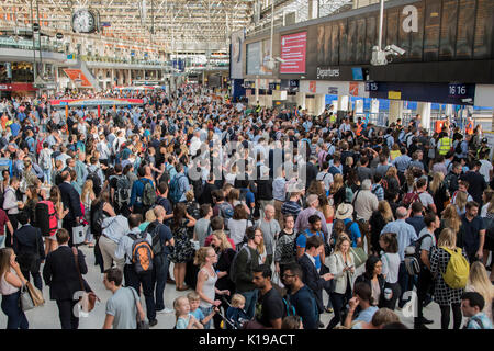 London, UK. 25th Aug, 2017. Commuter pain continues as only 25% of trains are running for the Friday holiday getaway - only a handfull of platforms remain open at waterloo Station for the whole of the August bank holiday weekend for an upgrade to platforms. Credit: Guy Bell/Alamy Live News  Stock Photo