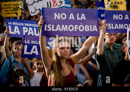 August 26, 2017 - Barcelona, Catalonia, Spain - In Barcelona a woman holds a banner during  a march against terrorist attacks. Half a million people have demonstrated through  streets under the slogan We Are Not Afraid  after that a terror attack in Las Ramblas of Barcelona and in the village of Cambrils killed 15 people last week. (Credit Image: © Jordi Boixareu via ZUMA Wire) Stock Photo