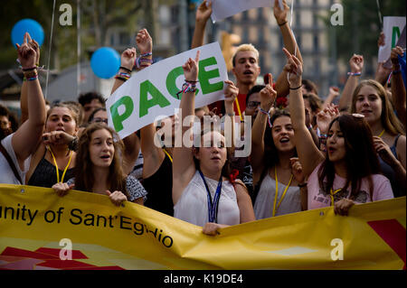 August 26, 2017 - Barcelona, Catalonia, Spain - In Barcelona people takes part in a march against terrorist attacks. Half a million people have demonstrated through  streets under the slogan We Are Not Afraid  after that a terror attack in Las Ramblas of Barcelona and in the village of Cambrils killed 15 people last week. (Credit Image: © Jordi Boixareu via ZUMA Wire) Stock Photo