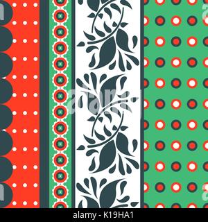 Folk floral red and green seamless vector pattern. Stock Vector