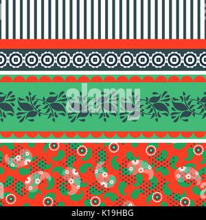 Folk floral red and green seamless vector pattern. Stock Vector
