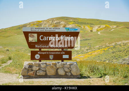 Entrance sign of Carrizo Plain National Mounment, California, U.S.A. Stock Photo