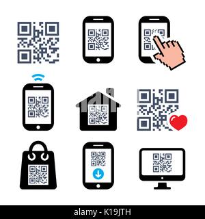 QR code on mobile or cell phone icons set Stock Vector