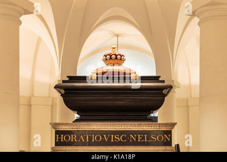 Lord Nelson's Tomb, black marble sarcophagus holding coffin of Admiral Lord Nelson, Horatio Viscount Nelson, Crypt of St Paul's Cathedral, London UK Stock Photo