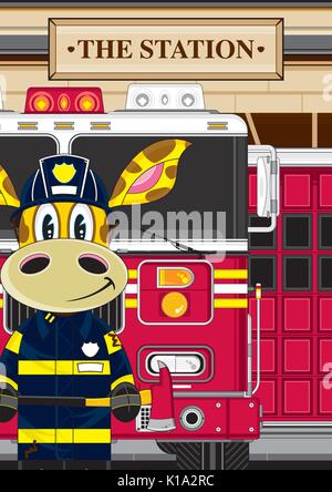 Cartoon Giraffe Fireman - Firefighter and Fire Engine Vector Illustration Stock Vector