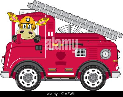 Cartoon Giraffe Fireman - Firefighter and Fire Engine Vector Illustration Stock Vector