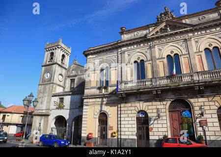 Sicily, the town of Linguaglossa, the Town Hall and the Church of San Francesco di Paola Stock Photo