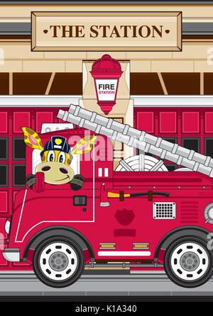 Cartoon Giraffe Fireman - Firefighter and Fire Engine Vector Illustration Stock Vector