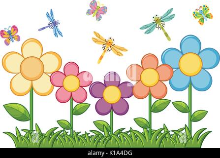 Butterflies and dragonflies in flower garden illustration Stock Vector