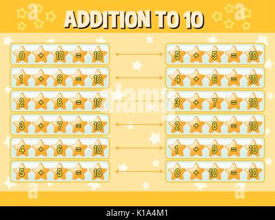 Addition to ten with yellow stars illustration Stock Vector